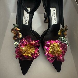 Jimmy Choo Black Velvet Heels with Sequin Floral Embellishments
